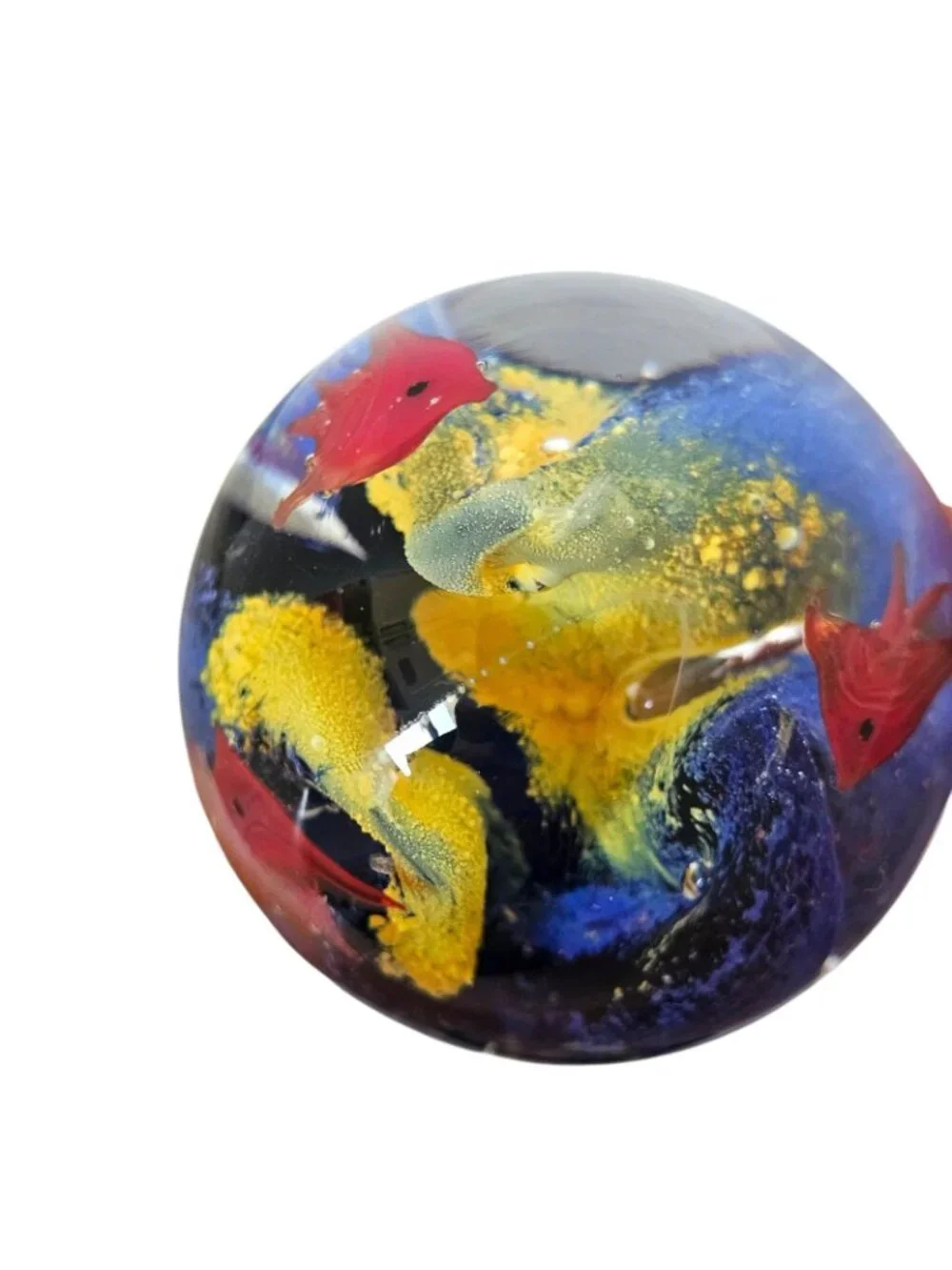 Round Art Glass Paperweight Fish Coral Ocean Blue Yellow Controlled Air Bubbles
